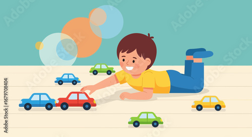 Delighted Child Playing With Toy Cars, Creating His Own World Of Fun And Joy