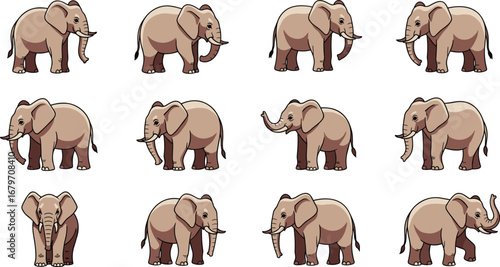 Many cartoon elephants shown in various poses. Animal icons, wildlife, nature, mammals, funny, illustration, design.