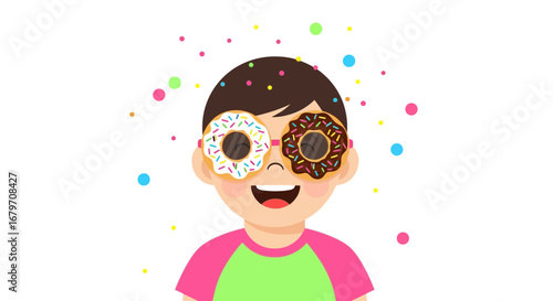 Delighted Child Wearing Donut Eyeglasses With Colorful Confetti Celebrating Happiness
