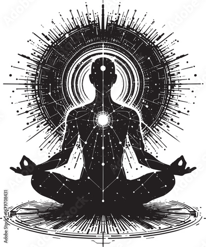 A stylized black and white illustration of a person meditating with energy emanations and cosmic