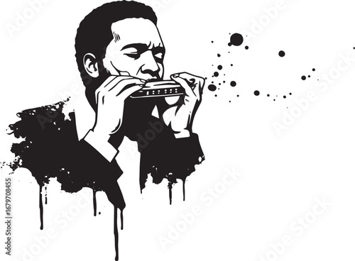 Monochrome illustration showcases a man playing harmonica with a
