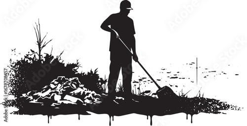 Silhouette of a man cleaning with a broom, representing environm