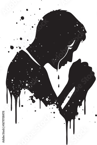 Silhouette of a weeping man in distress, rendered with ink splas