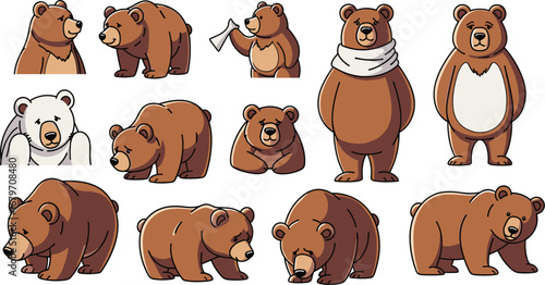 Collection of cartoon bears in different poses. Friendly mammals, wildlife art, cute animals, comical illustration, woodland fauna, nature
