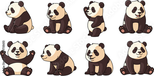 Cute pandas sitting and smiling, vector illustration. Animation, cartoon animal, wildlife, panda bear, happy, design, character, mammals, adorable