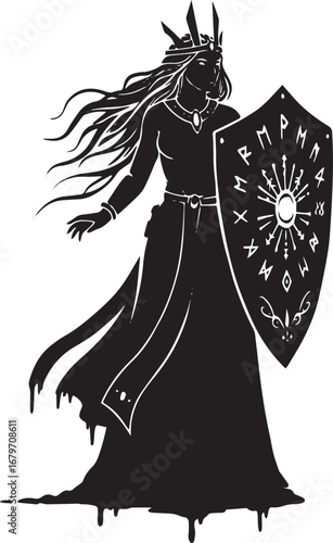 Fantasy depiction of a mystical female warrior in silhouette wit