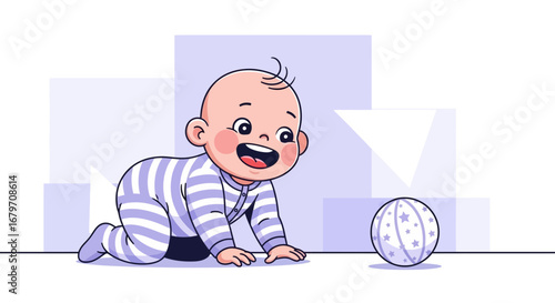 Delighted Infant Reaching For Toy Ball, Joyful Baby Crawling Cartoon Illustration