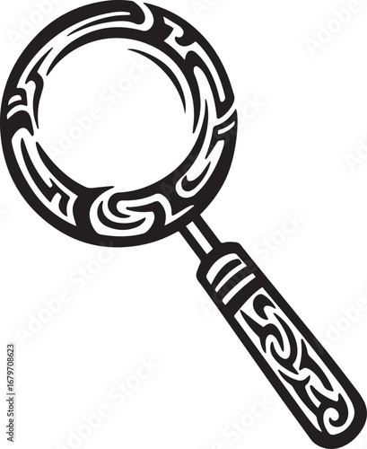 Tribal magnifying glass illustration symbolizing quest for insig