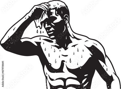 Monochrome illustration of an exhausted man wiping his sweat aft