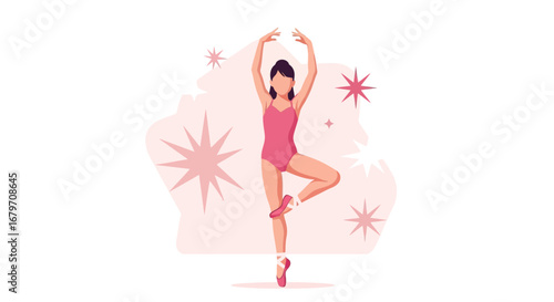Elegant Ballerina in Pink Performing a Graceful Pose Surrounded by Sparkling Stars