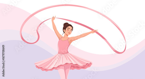 Elegant Ballerina Performing with Pink Ribbon Perfect for Art and Decorative Design