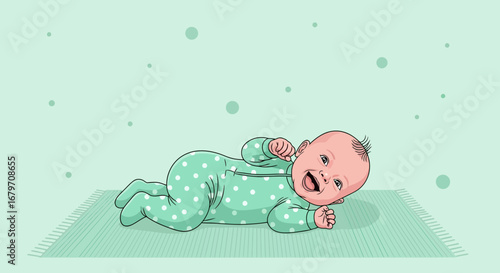 Delighted Infant Relaxing, Smiling, And Giggling On A Green Ground Rug