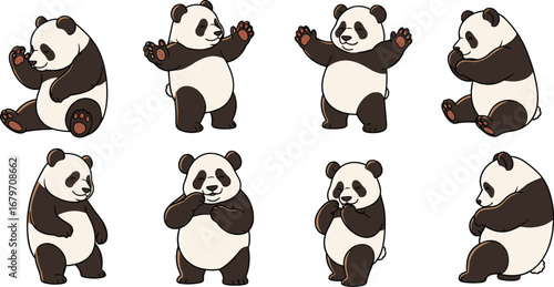 Cute pandas pose in various stances. Cartoon animals, panda bear, mammal, wildlife, adorable, cuddly, fluffy, happiness, playful.