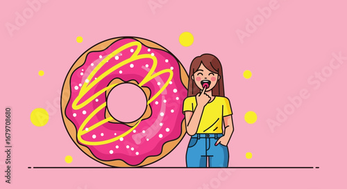 Delighted Person Savors The Sweetness Of A Generous, Vibrant Donut, Enjoying The Experience