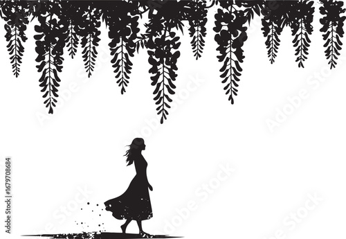Solitary figure under cascading wisteria, minimalist monochrome