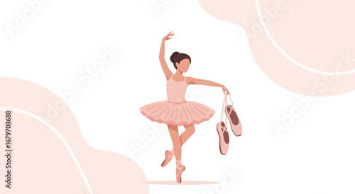 Elegant Ballet Dancer Holding Pointe Shoes and Posing on a Soft Pink Background