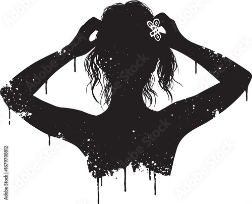 Silhouette illustration of a woman styling hair with dripping pa