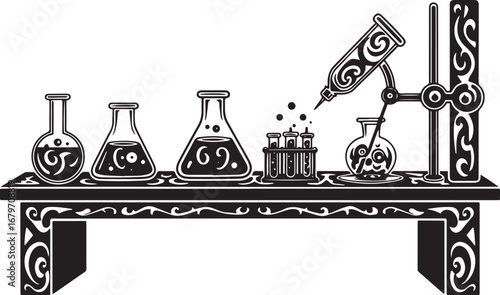 Ornate Laboratory Bench with Scientific Glassware and Experiment