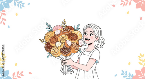 Delighted Woman Holding a Stunning Bouquet of Delicious Baked Cinnamon Rolls