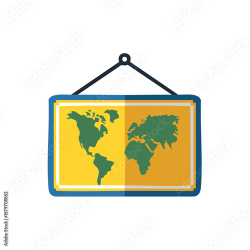Flat World Map Displayed on a Yellow and Blue Board Hanging by a String