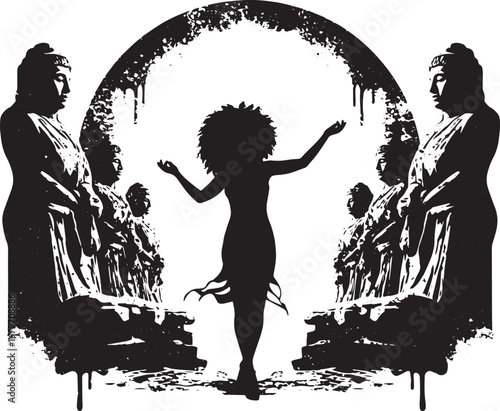 Monumental silhouette: Empowered figure amidst historical sculpt
