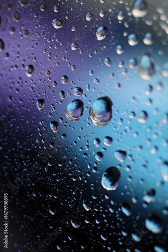 Macro raindrops on glass with colorful night lights reflection