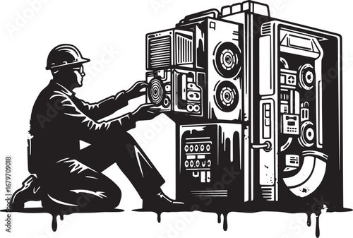 Monochromatic illustration depicting a technician interacting wi