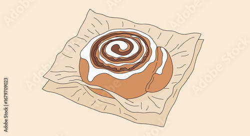Delightful Cinnamon Roll Resting On Paper, A Sweet And Tempting Treat Illustration