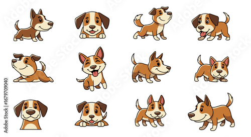 Cartoon dogs in various poses. Happy, adorable puppies, dog illustration, pet design, cute animals, domestic, pets
