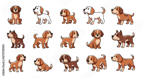 Cartoon dogs pose in various stances. Cute pups, playful animals, pet illustrations, breed variations, doggy smiles, animal art, puppy love