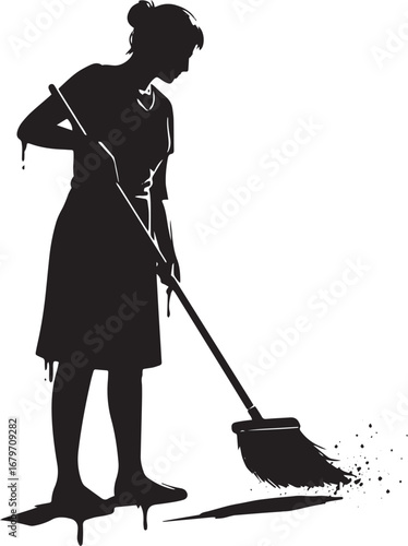 Monochrome silhouette depicting a woman sweeping with a broom on