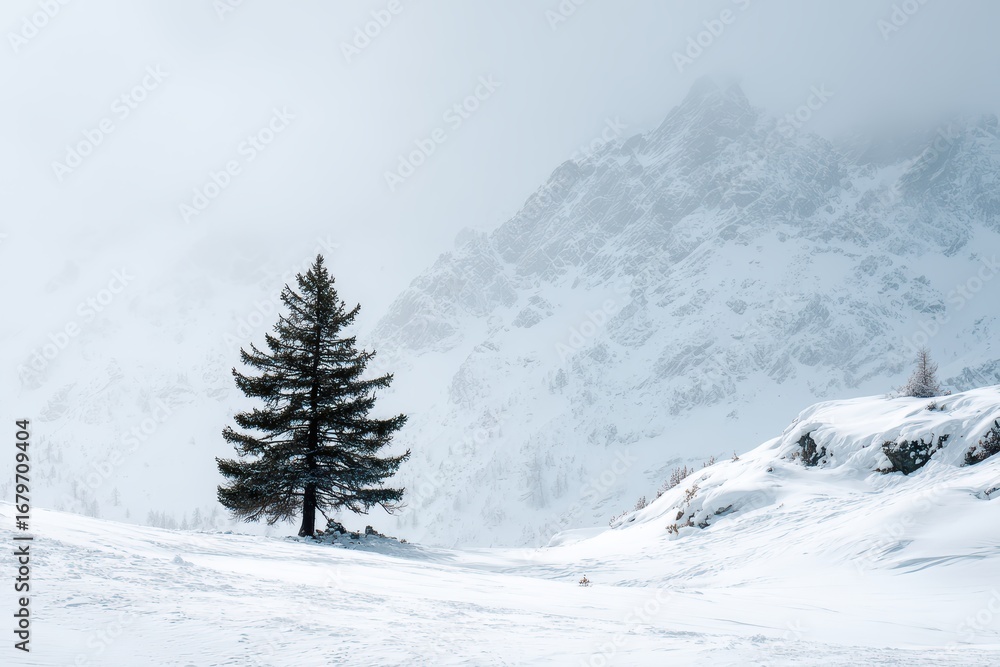 Obraz premium Solitary Pine Tree: Tall and Stark Against Pristine Snowy Landscape