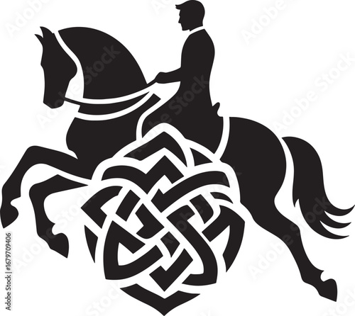 Silhouette of a rider on a horse jumping over a celtic knot symbol design element