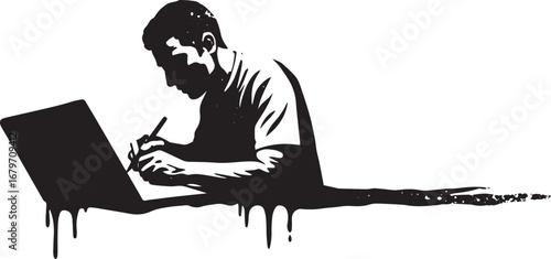 Monochromatic digital artist composing art on graphic tablet ill