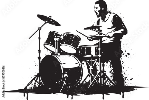 Energetic Monochrome Illustration of a Drummer Performing with I