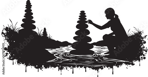 Silhouette of woman stacking stones by a river, artistic balance
