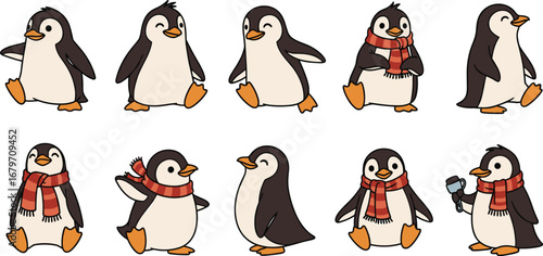 Cartoon penguins stand cheerfully in snow. Winter, cute, holiday, animals, scarves, happy, festive