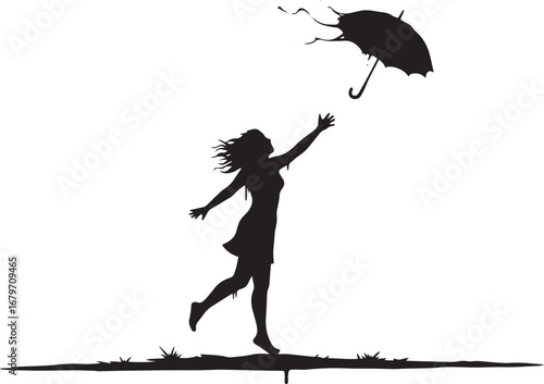 Silhouette of a woman reaching for a flying umbrella in monochro