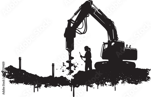 Monochrome illustration of a woman overseeing a drilling excavat