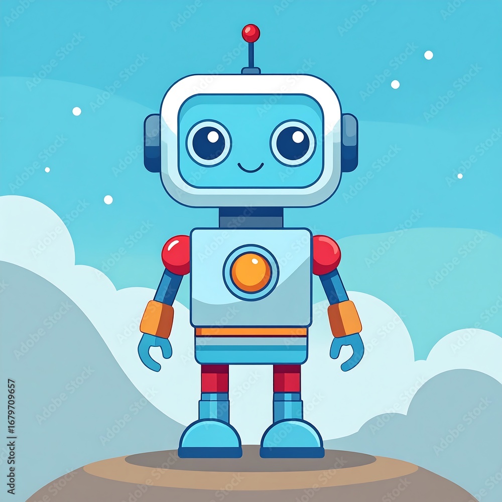 Fototapeta premium Cute robot character on a rock, cartoon style