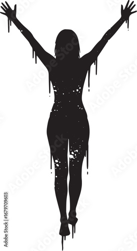 Silhouette of a woman with paint dripping effect in a stark blac