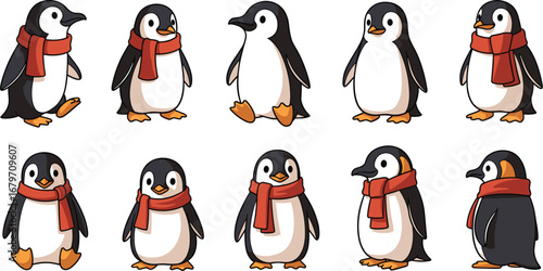 Cartoon penguins stand wearing scarves. Winter, arctic, cute, funny, animal, bird, character, cheerful, illustration, drawing, adorable, cold, seasonal