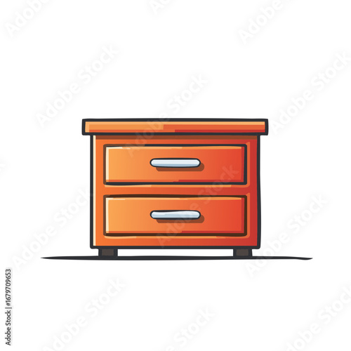 Charming orange bedside table with two drawers and simple round handles in a hand-drawn cartoon style