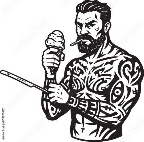 Tattooed Bearded Man Enjoying Ice Cream with Shaving Razor: A Bo
