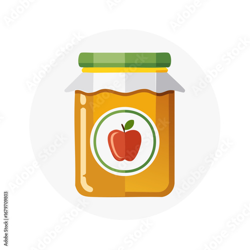 Golden Apple Jam Jar with a Green Lid and Label Featuring a Red Apple