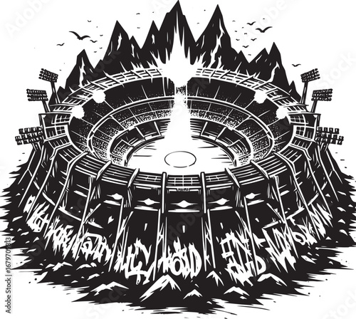 Black and white stadium illustration with graffiti, mountains, birds, and floodlights art