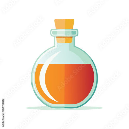 Glass potion bottle with orange liquid and cork stopper flat illustration
