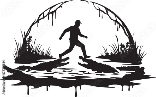 Treacherous crossing: Man navigating a swamp filled with menacin