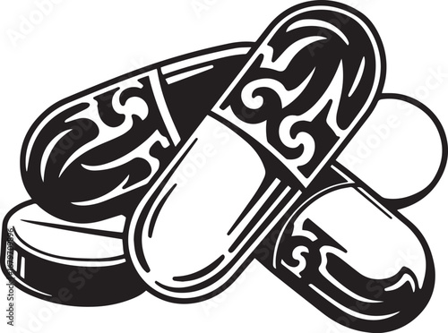 Stylized monochrome illustration of medicine pills and tablet as