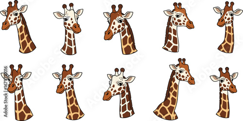 Collection of giraffe head illustrations. Wildlife, safari, animal, cute, africa, neck, pattern, design, cartoon, mammal, nature, wild, zoo, head, vector
